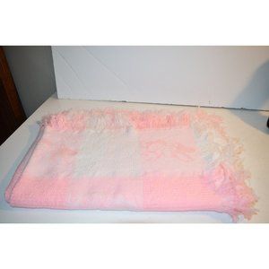 VTG  Baby Blanket Pastel Pink Acrylic Fringed Knit Bunny Rabbit Waffle